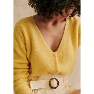 Sezane Barry Cardigan Sweater Yellow Size Large Mohair Alpaca V-Neck Jumper